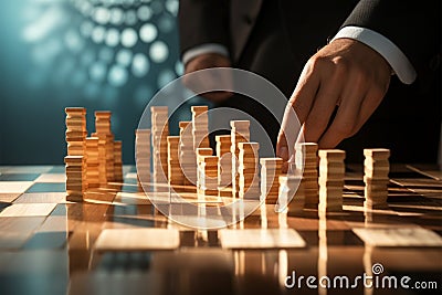 Businessmans finger halts a domino effect, symbolizing risk management Stock Photo