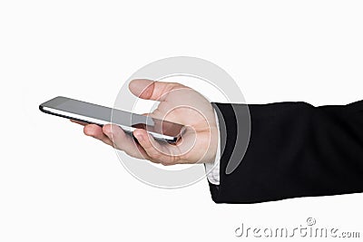 Businessmans Hand in Black Suit Holding Smartphone in Hand Against White Background Stock Photo