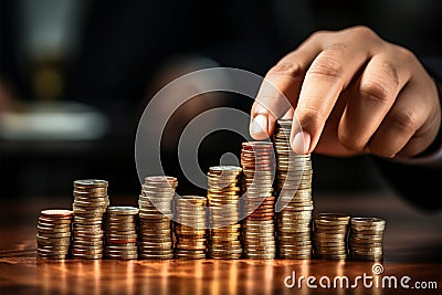 Businessmans hand creates various coin stacks, illustrating investment ideas Stock Photo