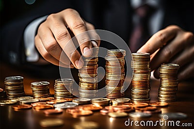 Businessmans hand creates various coin stacks, illustrating investment ideas Stock Photo