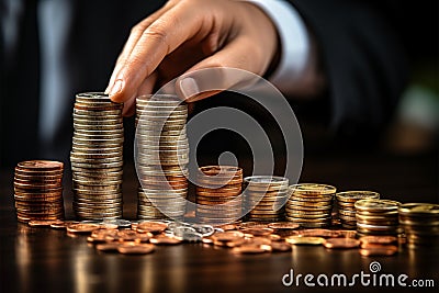 Businessmans hand creates various coin stacks, illustrating investment ideas Stock Photo