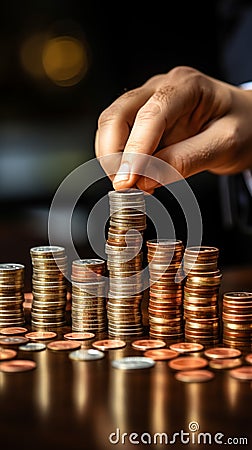 Businessmans hand creates various coin stacks, illustrating investment ideas Stock Photo