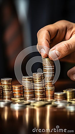 Businessmans hand creates various coin stacks, illustrating investment ideas Stock Photo