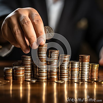 Businessmans hand creates various coin stacks, illustrating investment ideas Stock Photo