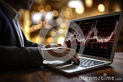 Businessmans hands over his laptop and virtual light graphics. AI-Generated Stock Photo