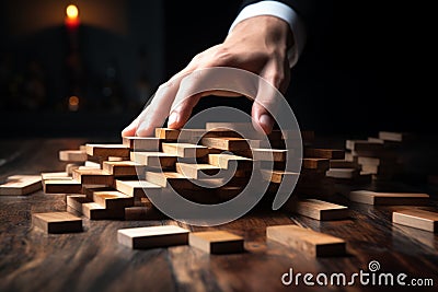 Businessmans hands prevent domino fall, illustrating risk control and planning Stock Photo