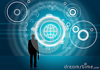 Businessmans silhouette with symbols Stock Photo