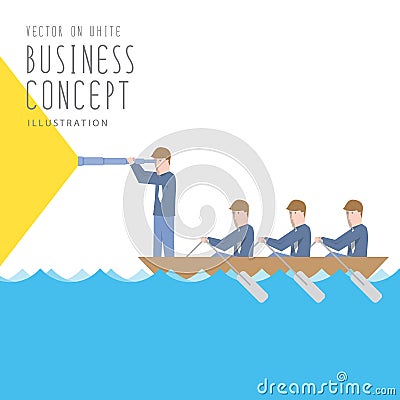 Businessmen in a boat with telescope flat vector. Vector Illustration