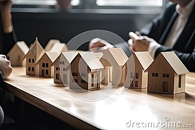 Businessmen and businesswomen discussing over wooden model of house. Real estate concept, Real estate business meetings without Stock Photo