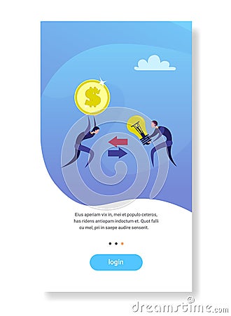 Businessmen change light lamp new idea dollar coin business transaction concept flat vertical copy space Vector Illustration