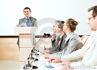 Businessmen communicate at the conference Stock Photo