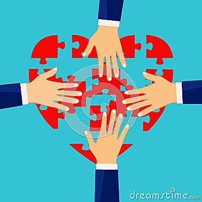 Businessmen connect heart puzzles. Concept of business building cooperation. Vecto Vector Illustration