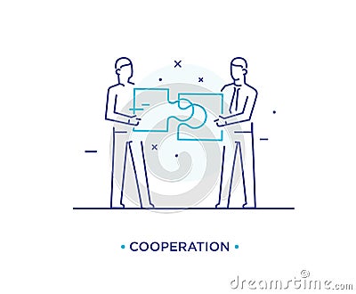 Businessmen connect puzzle. Joint efforts, success, union. Success Cooperation. line icon illustration Vector Illustration