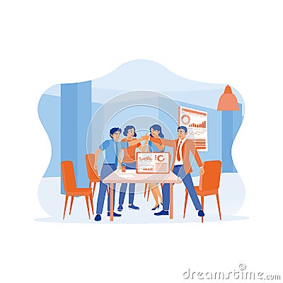 Businessmen and coworkers are standing and high-fiving at the meeting table. Celebrating success after finding a solution. Vector Illustration