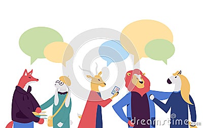 Businessmen discuss social network vector illustration. News, social networks, chat, dialogue speech bubbles on flat Vector Illustration