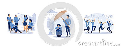 businessmen discuss social network, a young man holds out an umbrella from the rain to another in a state of depression, a group Vector Illustration