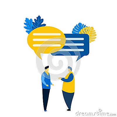 Businessmen discuss social networks, news, chat, dialogs, speech bubbles Vector Illustration
