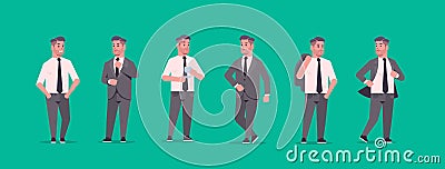 Businessmen in formal wear standing different poses smiling male cartoon characters business men office workers posing Vector Illustration