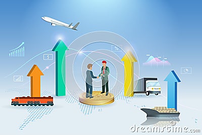 Businessmen handshake on growth graph of global logistics transportation on supply chain network connecting. Business partnership Stock Photo