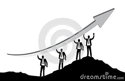 Businessmen holding an arrow on a mountain peak. Cartoon Illustration