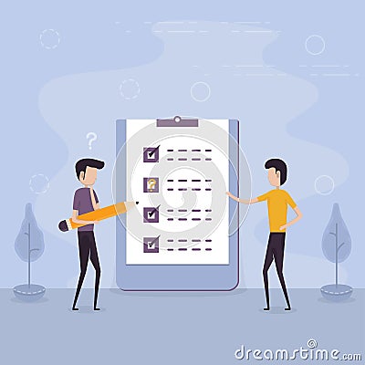 Businessmen holding giant pencil and big checklist.Marked checklist & a clipboard paper.Business organization & achievements of g Vector Illustration