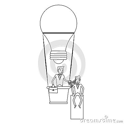 Businessmen in hot air balloon in black and white Vector Illustration