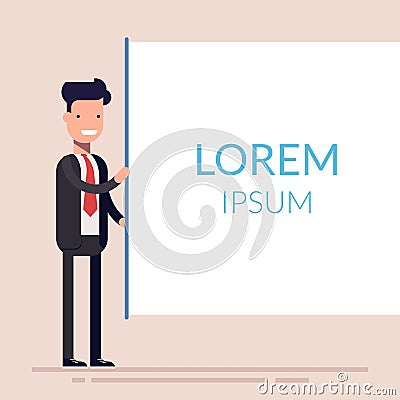 Businessmen or manager present with board. Cute woman character present about business lecture. Man in a business suit Vector Illustration