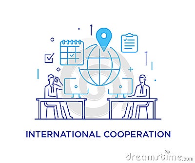 Businessmen negotiate online. international deal. Virtual communication smartphone. Cooperation interaction. Success Vector Illustration