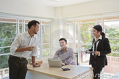 Businessmen are negotiating business. Group of three business. People discussing the deal. Business people during a meeting in the Stock Photo