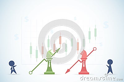 Businessmen playing bull and bear chess with financial graph and dollar symbols, stock market and business concept Vector Illustration