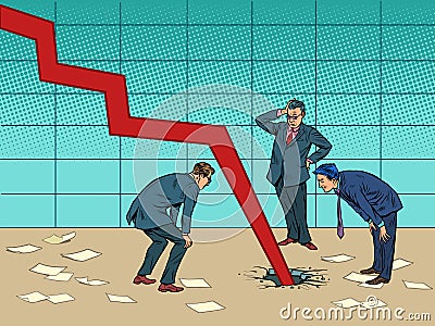 Businessmen are puzzled. The chart goes down and broke the floor Vector Illustration