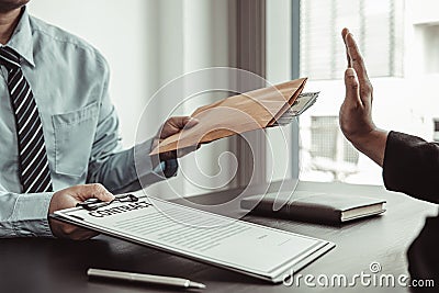 Businessmen refuse to accept money bribery or fraud or cheat, Combating Illegal Receiving of Money and Social Injustice, Anti brib Stock Photo