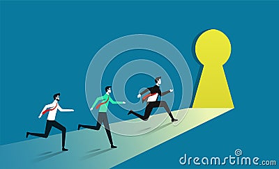Businessmen running toward key hole. New way business beginnings and unlock future. Ambitious people running to career potential Vector Illustration