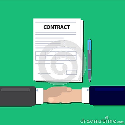 Businessmen`s handshake concept of agreement to sign a contract. Trendy flat design with shadow, top view. Illsutration Stock Photo