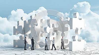 businessmen, searching for the missing white jigsaw puzzle piece Stock Photo