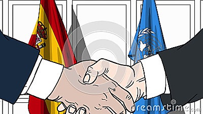 Businessmen or politicians shake hands against flags of Spain and United Nations. Official meeting or cooperation Editorial Stock Photo