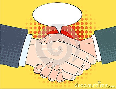 Businessmen shake hands and empty speech bulb vector illustration in retro pop art style. Partnership handshake concept poster in Vector Illustration