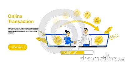 Businessmen shake hands from two computer or laptop. Online conclusion of the transaction. Business, e commerce concept. Starting Vector Illustration