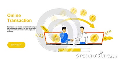 Businessmen shake hands from two computer or laptop. Online conclusion of the transaction. Business, e commerce concept. Starting Vector Illustration