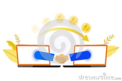 Businessmen shake hands from two computer or laptop. Online conclusion of the transaction. Business, e commerce concept. Starting Vector Illustration