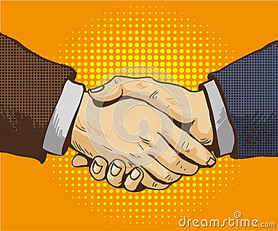 Businessmen shake hands vector illustration in retro pop art style. Partnership handshake concept poster in comic design Vector Illustration