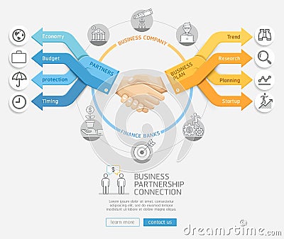 Businessmen shaking hands and arrows business Infographics style. Vector Illustration