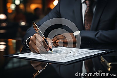 Businessmen sign confirming formal contract, embodying business agreement Stock Photo