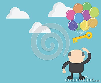 Businessmen standing looking at key with balloons floating away. Vector Illustration