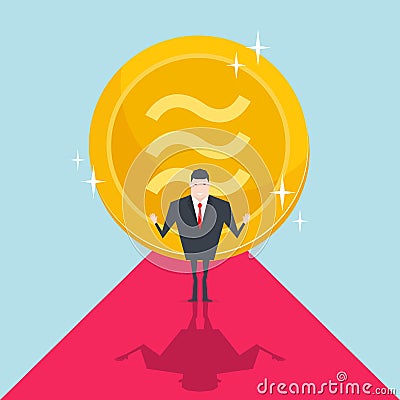 Businessmen succeed with large golden Libra coin behind. Vector Illustration