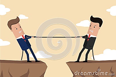 Businessmen in suit pull the rope at edge of cliff . Symbol of competition in business. Corporate conflicts. Vector Illustration Vector Illustration