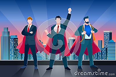 Businessmen in superhero cloaks on roof. Vector business metaphor illustration. Concept of success teamwork, leadership Vector Illustration