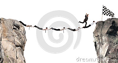 Businessmen support bridge to get to the flag. Achievement business goal concept Stock Photo