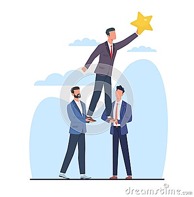 Businessmen support colleague to reach for star, goal or success. Man hold star, teamwork with friends, success Vector Illustration