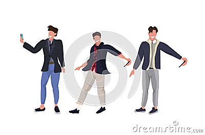 Businessmen taking selfie photo on smartphone camera casual male cartoon characters standing together photographing in Vector Illustration